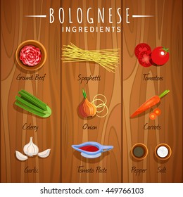 Vector image. Bolognese. Ingredients. The view from the top
