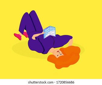 vector image of book reading woman lying on the ground.Vector. Flat icon