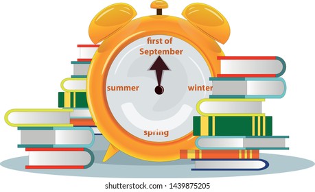 Vector image of books with an alarm clock. The concept of time dependence and acquired skills and knowledge