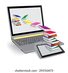 Vector Image, books fly out of the tablet and fly into the laptop.