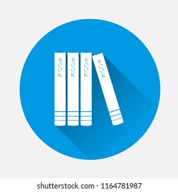Vector image of books standing on a shelf on blue background. Flat image books with long shadow. Layers grouped for easy editing illustration. For your design.