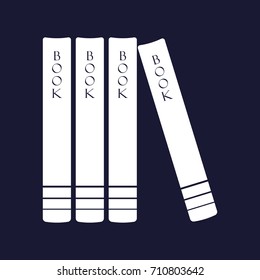 Vector image of books standing on a shelf. Vector white icon on dark blue background.