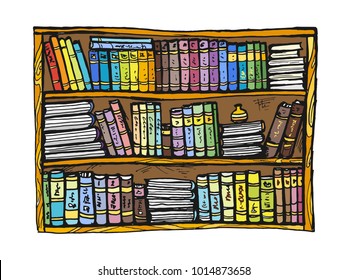 Vector image of a bookshelf. Drawing books on the shelf, can be used for the design of postcards, printing, posters, illustrations.