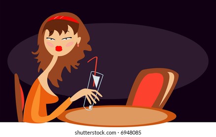 imagen vectorial de una chica aburrida solitaria en un café