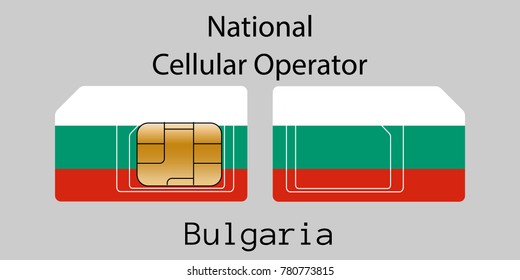 Vector image of both sides of a sim card with lines for its division into micro and mini sim cards, plotted on it image of the flag of Bulgaria and text "National cellular operator "