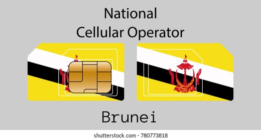 Vector image of both sides of a sim card with lines for its division into micro and mini sim cards, plotted on it image of the flag of Brunei and text "National cellular operator "