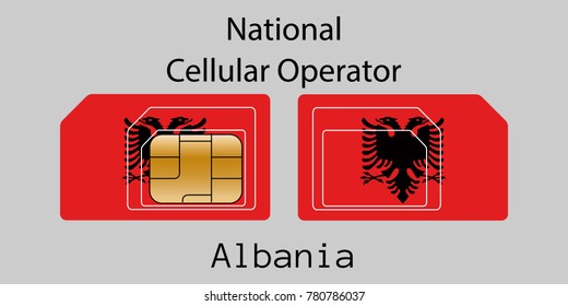 Vector image of both sides of a sim card with lines for its division into micro and mini sim cards, plotted on it image of the flag of Albania and text "National cellular operator "