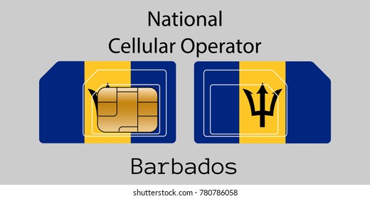 Vector image of both sides of a sim card with lines for its division into micro and mini sim cards, plotted on it image of the flag of Barbados and text "National cellular operator "