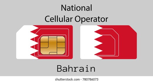 Vector image of both sides of a sim card with lines for its division into micro and mini sim cards, plotted on it image of the flag of Bahrain and text "National cellular operator "