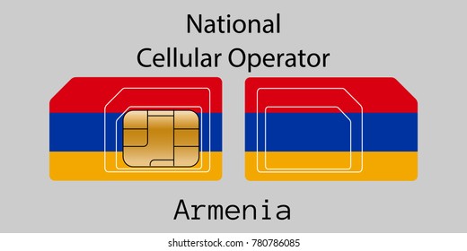 Vector image of both sides of a sim card with lines for its division into micro and mini sim cards, plotted on it image of the flag of Armenia and text "National cellular operator "