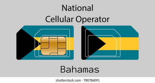 Vector image of both sides of a sim card with lines for its division into micro and mini sim cards, plotted on it image of the flag of Bahamas and text "National cellular operator "