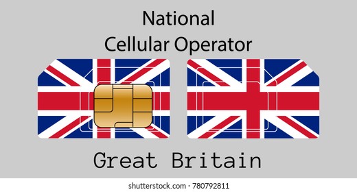 Vector image of both sides of a sim card with lines for its division into micro and mini sim cards, plotted on it image of the flag of Great Britain and text "National cellular operator "