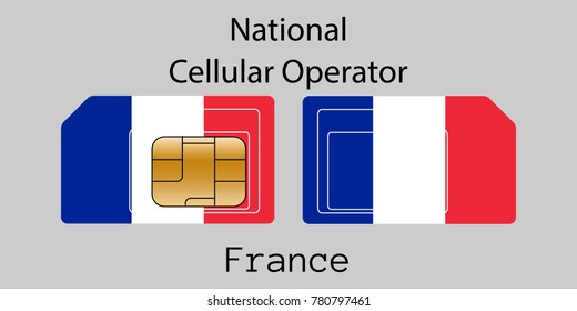 Vector image of both sides of a sim card with lines for its division into micro and mini sim cards, plotted on it image of the flag of France and text "National cellular operator "