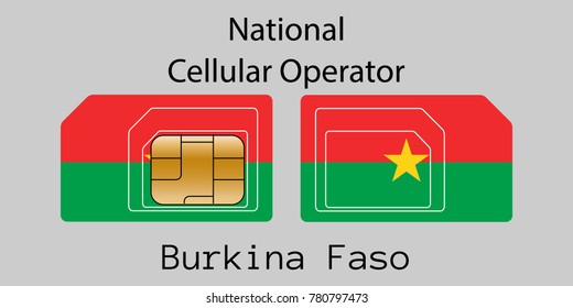 Vector image of both sides of a sim card with lines for its division into micro and mini sim cards, plotted on it image of the flag of Burkina Faso and text "National cellular operator "