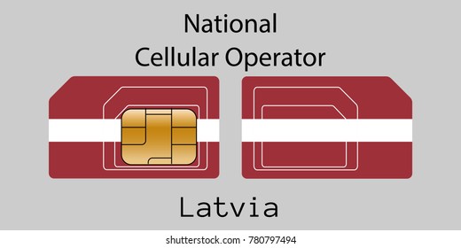 Vector image of both sides of a sim card with lines for its division into micro and mini sim cards, plotted on it image of the flag of Latvia and text "National cellular operator "