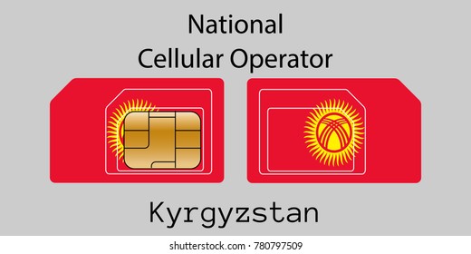 Vector image of both sides of a sim card with lines for its division into micro and mini sim cards, plotted on it image of the flag of Kyrgyzstan and text "National cellular operator "