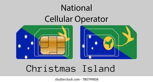 Vector image of both sides of a sim card with lines for its division into micro and mini sim cards, plotted on it image of the flag of Christmas Island and text "National cellular operator "