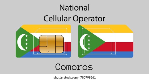 Vector image of both sides of a sim card with lines for its division into micro and mini sim cards, plotted on it image of the flag of Comoros and text "National cellular operator "