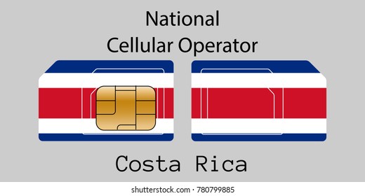 Vector image of both sides of a sim card with lines for its division into micro and mini sim cards, plotted on it image of the flag of Costa Rica and text "National cellular operator "