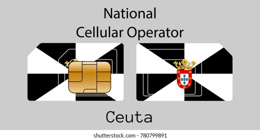 Vector image of both sides of a sim card with lines for its division into micro and mini sim cards, plotted on it image of the flag of Ceuta and text "National cellular operator "