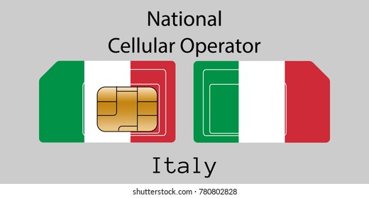 Vector image of both sides of a sim card with lines for its division into micro and mini sim cards, plotted on it image of the flag of Italy and text "National cellular operator "