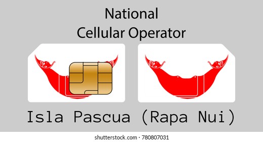 Vector image of both sides of a sim card with lines for its division into micro and mini sim cards, plotted on it image of the flag of Isla Pascua (Rapa Nui) and text "National cellular operator "