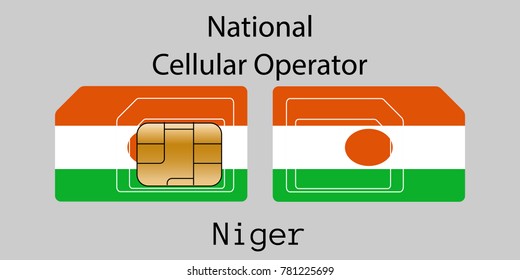 Vector image of both sides of a sim card with lines for its division into micro and mini sim cards, plotted on it image of the flag of Niger and text "National cellular operator "