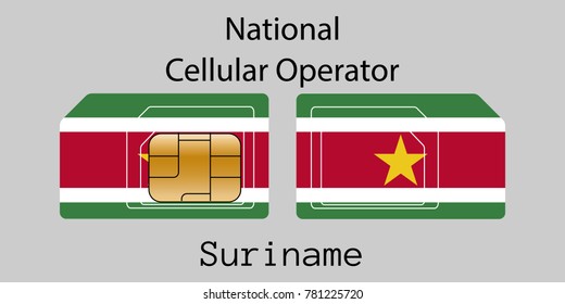 Vector image of both sides of a sim card with lines for its division into micro and mini sim cards, plotted on it image of the flag of Suriname and text "National cellular operator "