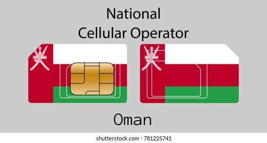 Vector image of both sides of a sim card with lines for its division into micro and mini sim cards, plotted on it image of the flag of Oman and text "National cellular operator "