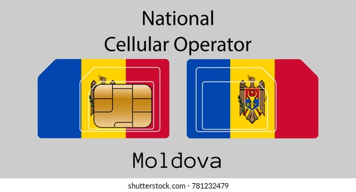 Vector image of both sides of a sim card with lines for its division into micro and mini sim cards, plotted on it image of the flag of Moldova and text "National cellular operator "