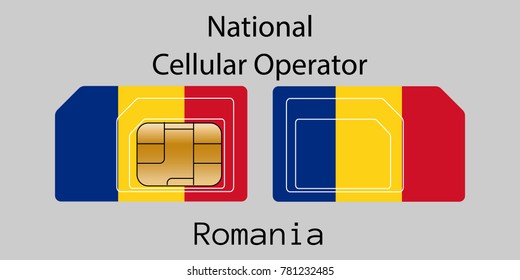 Vector image of both sides of a sim card with lines for its division into micro and mini sim cards, plotted on it image of the flag of Romania and text "National cellular operator "