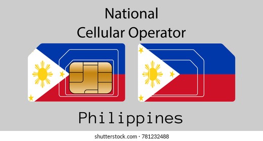 Vector image of both sides of a sim card with lines for its division into micro and mini sim cards, plotted on it image of the flag of Philippines and text "National cellular operator "