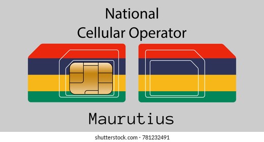 Vector image of both sides of a sim card with lines for its division into micro and mini sim cards, plotted on it image of the flag of Maurutius and text "National cellular operator "
