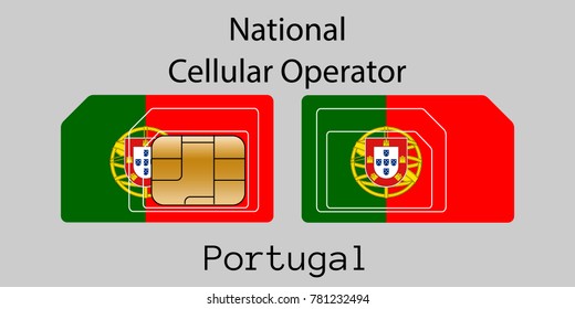 Vector image of both sides of a sim card with lines for its division into micro and mini sim cards, plotted on it image of the flag of Portugal and text "National cellular operator "
