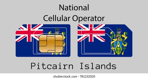 Vector image of both sides of a sim card with lines for its division into micro and mini sim cards, plotted on it image of the flag of Pitcairn Islands and text "National cellular operator "