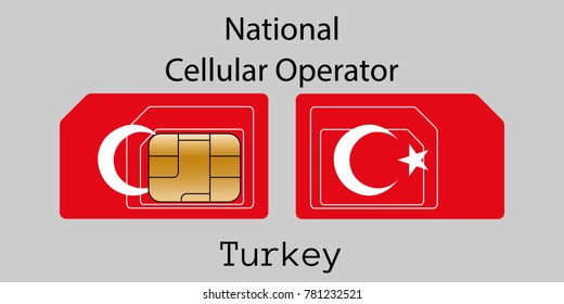 Vector image of both sides of a sim card with lines for its division into micro and mini sim cards, plotted on it image of the flag of Turkey and text "National cellular operator "