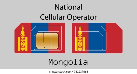 Vector image of both sides of a sim card with lines for its division into micro and mini sim cards, plotted on it image of the flag of Mongolia and text "National cellular operator "