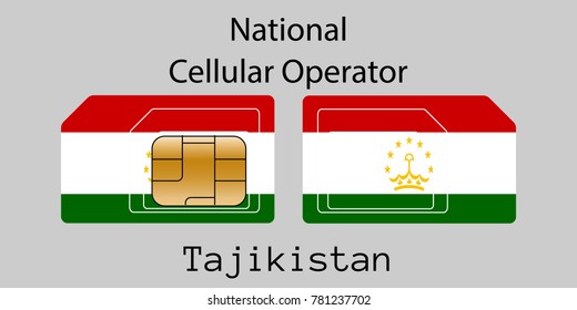 Vector image of both sides of a sim card with lines for its division into micro and mini sim cards, plotted on it image of the flag of Tajikistan and text "National cellular operator "