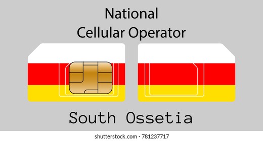 Vector image of both sides of a sim card with lines for its division into micro and mini sim cards, plotted on it image of the flag of South Ossetia and text "National cellular operator "