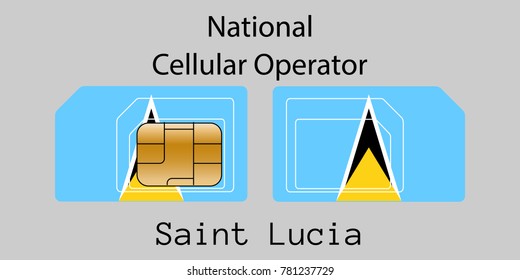 Vector image of both sides of a sim card with lines for its division into micro and mini sim cards, plotted on it image of the flag of Saint Lucia and text "National cellular operator "