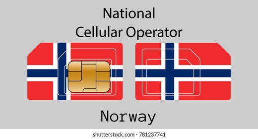 Vector image of both sides of a sim card with lines for its division into micro and mini sim cards, plotted on it image of the flag of Norway and text "National cellular operator "
