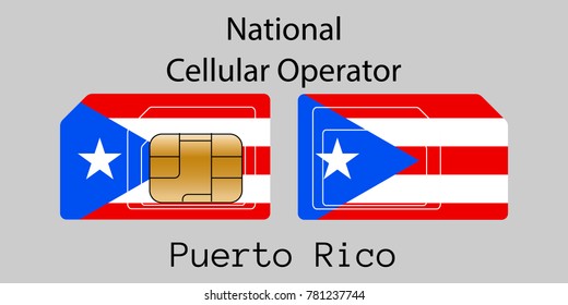 Vector image of both sides of a sim card with lines for its division into micro and mini sim cards, plotted on it image of the flag of Puerto Rico and text "National cellular operator "