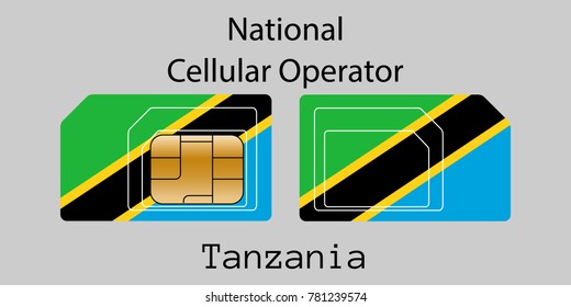 Vector image of both sides of a sim card with lines for its division into micro and mini sim cards, plotted on it image of the flag of Tanzania and text "National cellular operator "