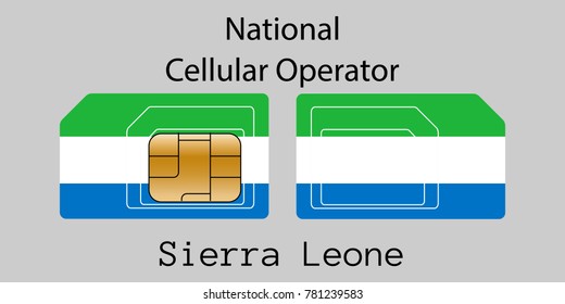 Vector image of both sides of a sim card with lines for its division into micro and mini sim cards, plotted on it image of the flag of Sierra Leone and text "National cellular operator "