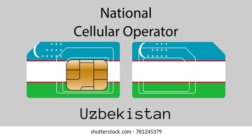 Vector image of both sides of a sim card with lines for its division into micro and mini sim cards, plotted on it image of the flag of Uzbekistan and text "National cellular operator "