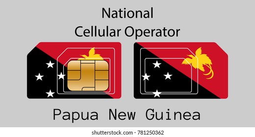 Vector image of both sides of a sim card with lines for its division into micro and mini sim cards, plotted on it image of the flag of Papua New Guinea and text "National cellular operator "