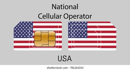 Vector image of both sides of a sim card with lines for its division into micro and mini sim cards, plotted  image of the flag of United States of America (USA) and text "National cellular operator"