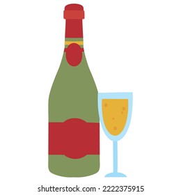 vector image of bottle of champagne with a glass on with white background