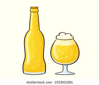 Vector image of bottle and glass with beer. Beer with froth and bubbles in cartoon style with linear stroke
