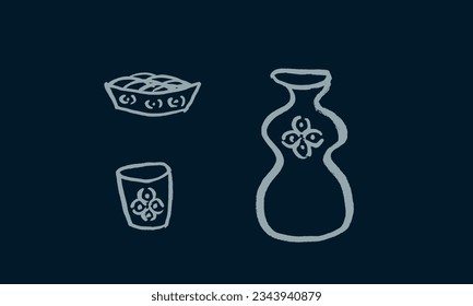 Imagen vectorial de una botella y un vaso por sake en un estilo caligráfico tradicional.Tinta, pincel, dibujo, dibujo, gráfico, Oriente. Restaurante japonés, cafetería, alcohol, bar. Azul, gris. Eps10